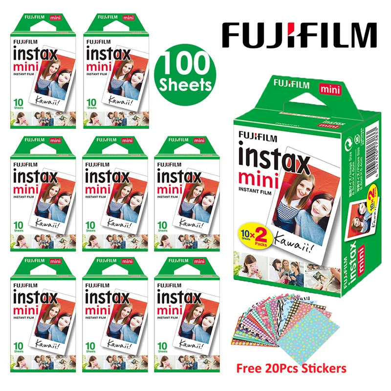Fujifilm Instax Mini Film White 10 20 40 60 80 100 Sheets For FUJI Instant Camera Mini 12/11/Evo + Free Stickers（expiry-2027）