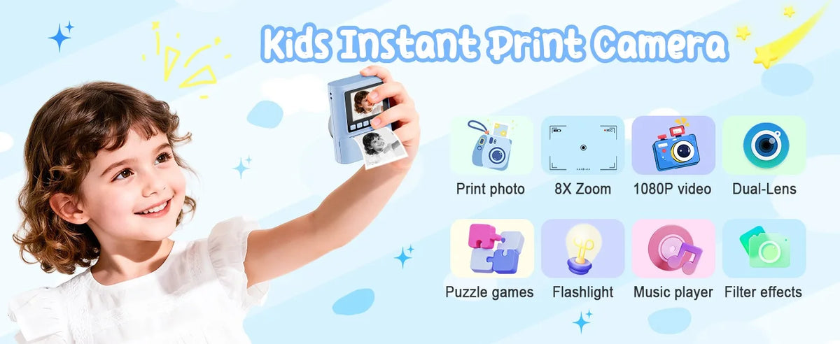 Kid Instant Print Camera 1080P HD Video Recorder 8X Zoom Digital Camera for Girl Boys Best Birthday Christmas Gift 32GB Card