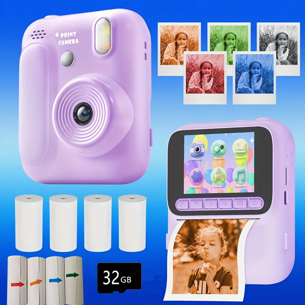 Color Printing Camera  Kids Instant Camera 32GB 1080P Thermal Print Digital Camera Print Photo Video Games Music Children Gift