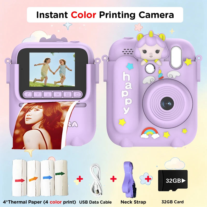Color Printing Camera  Kids Instant Camera 32GB 1080P Thermal Print Digital Camera Print Photo Video Games Music Children Gift