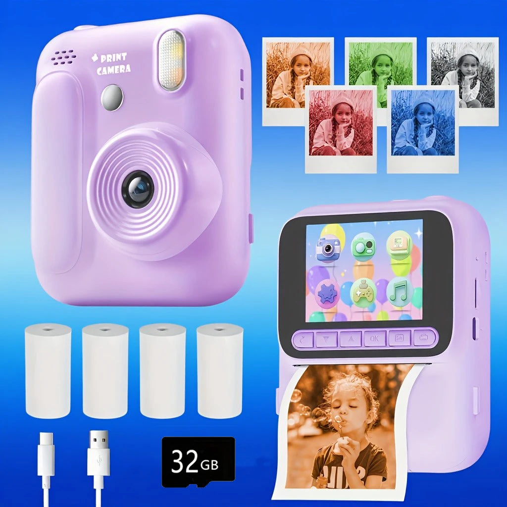 Color Printing Camera  Kids Instant Camera 32GB 1080P Thermal Print Digital Camera Print Photo Video Games Music Children Gift