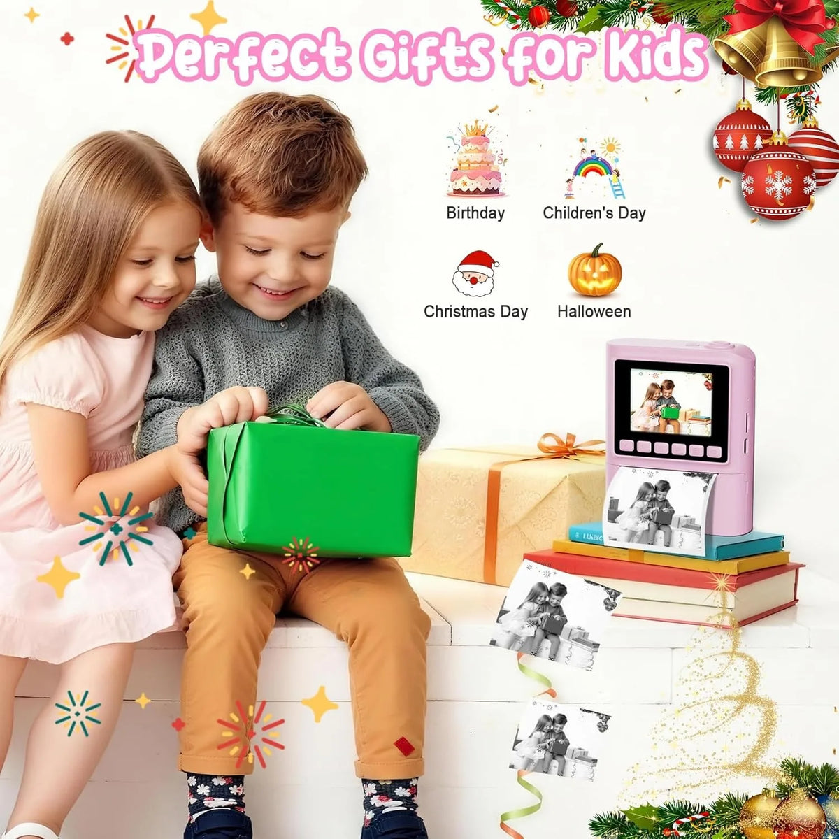 Kid Instant Print Camera 1080P HD Video Recorder 8X Zoom Digital Camera for Girl Boys Best Birthday Christmas Gift 32GB Card