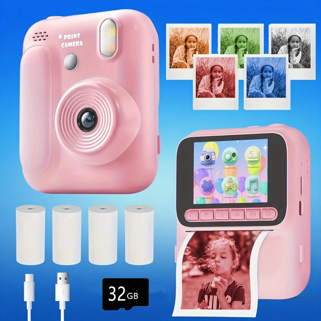 Color Printing Camera  Kids Instant Camera 32GB 1080P Thermal Print Digital Camera Print Photo Video Games Music Children Gift