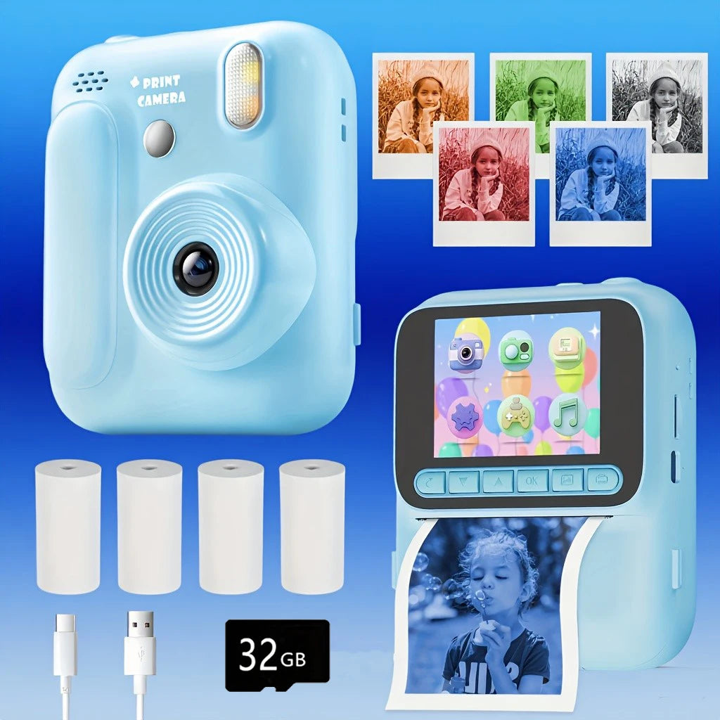 Color Printing Camera  Kids Instant Camera 32GB 1080P Thermal Print Digital Camera Print Photo Video Games Music Children Gift