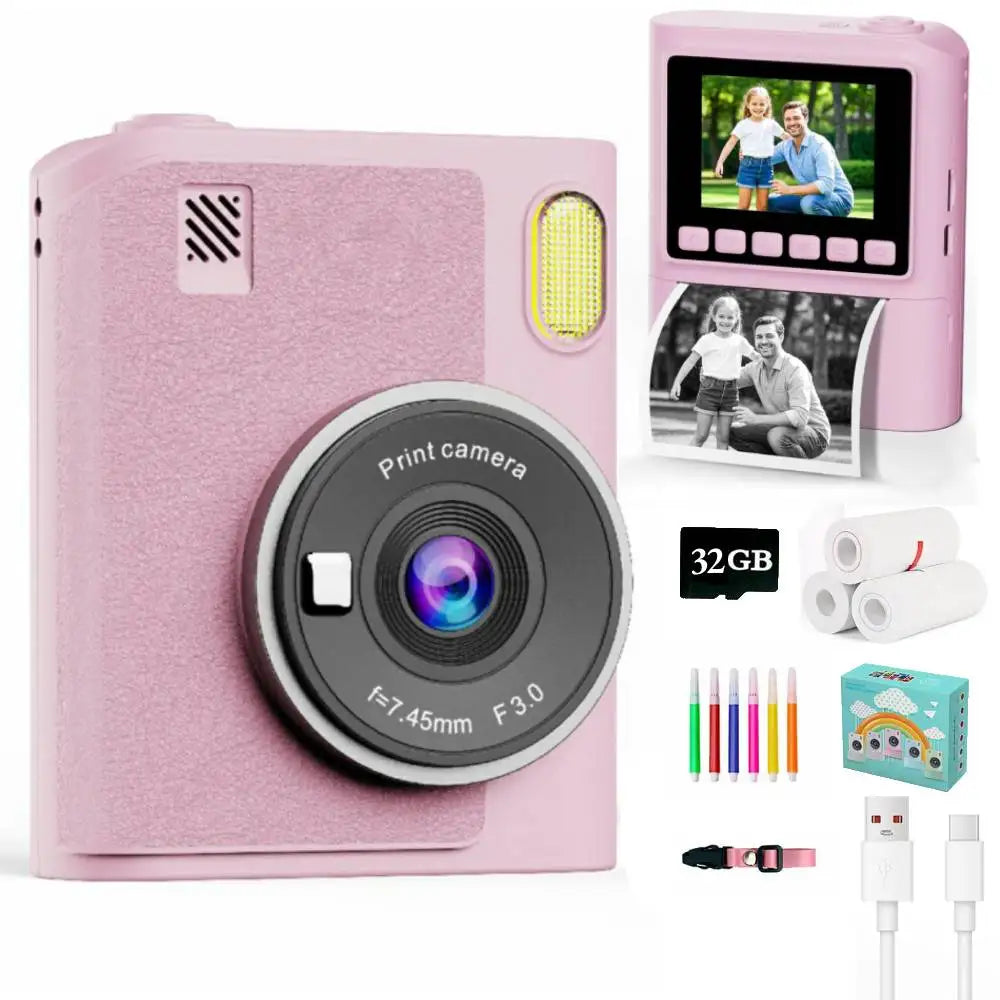 Kid Instant Print Camera 1080P HD Video Recorder 8X Zoom Digital Camera for Girl Boys Best Birthday Christmas Gift 32GB Card